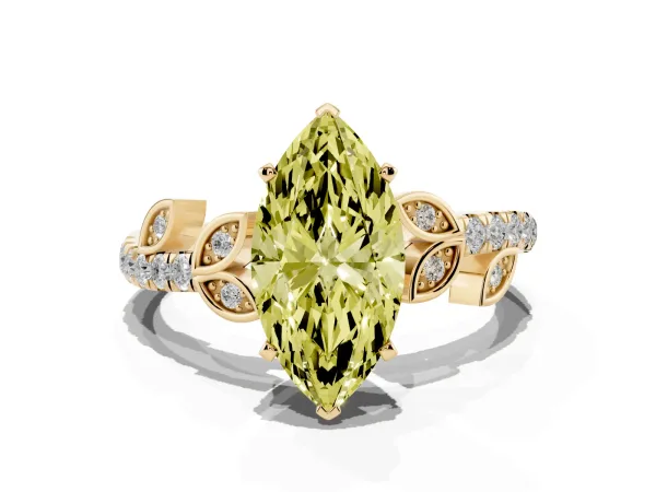 Fancy Yellow Marquise Cut Solitaire Leaf-Inspired Diamond Ring with Pavé Band and Four-Prong Setting Yellow gold