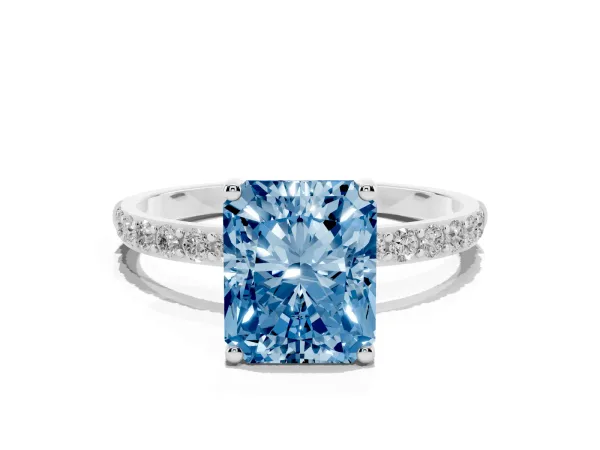 Fancy Blue Radiant Cut Diamond Solitaire Ring with Round Pavé Shoulders and Prong Setting Platinum