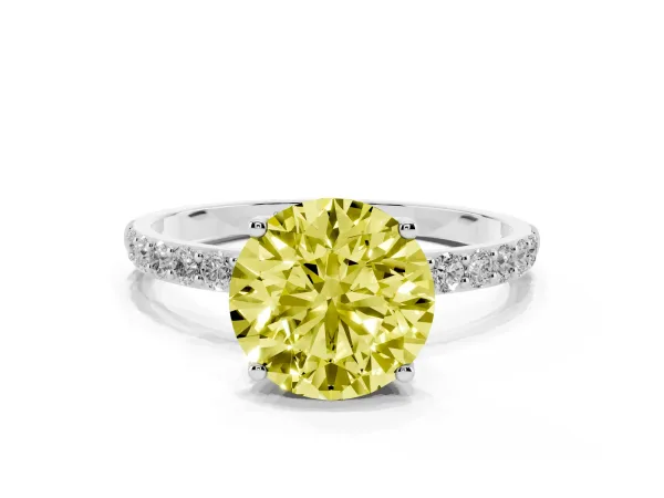 Fancy Yellow Round Cut Diamond Solitaire Engagement Ring with Round Pavé Band and Prong Setting White gold