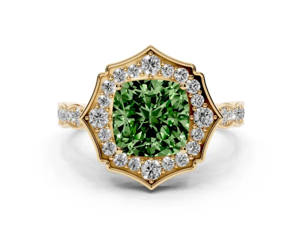Fancy Green Cushion Cut Halo Diamond Engagement Ring with Milgrain Band and Four-Prong Setting Yellow gold