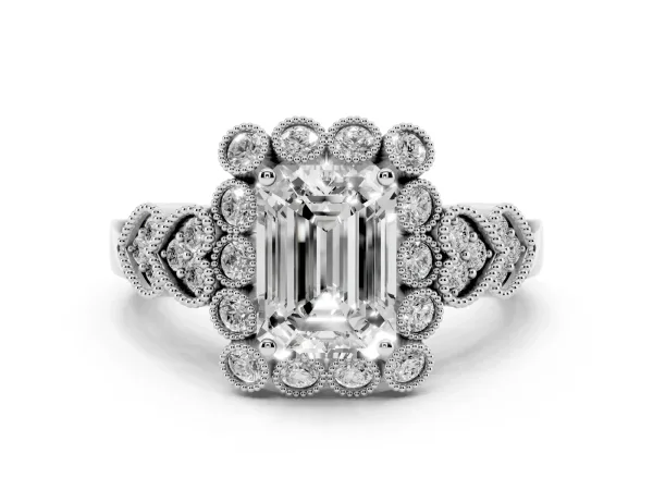 Emerald Cut Brilliant Milgrain Pave Heart Band Solitaire Ring White gold