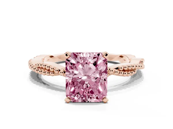 Fancy Pink Radiant Cut Solitaire Twisted Band with Bead Prong Setting Rose gold