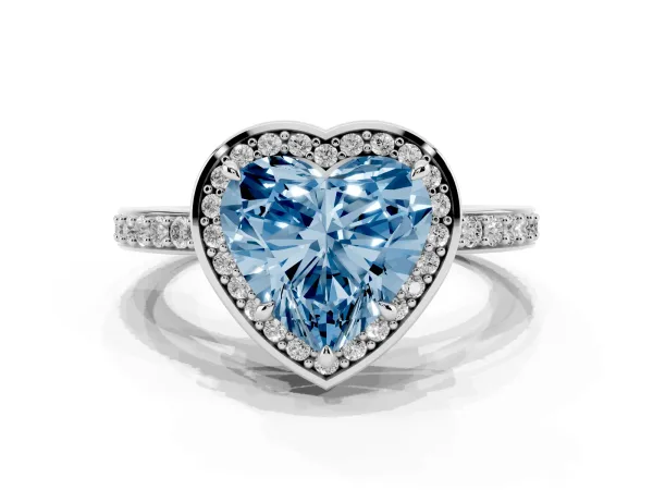 Fancy Blue Heart Cut Halo Pave Band Solitaire Ring with Prong Setting White gold