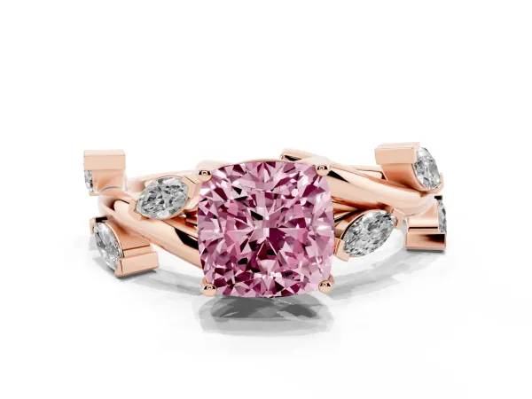 Fancy Pink Cushion Cut Solitaire Twisted Band Marquise Accent Prong Setting Ring Rose gold