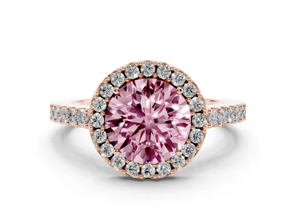 Fancy Pink Round Cut Halo Diamond Pavé Solitaire Ring Rose gold