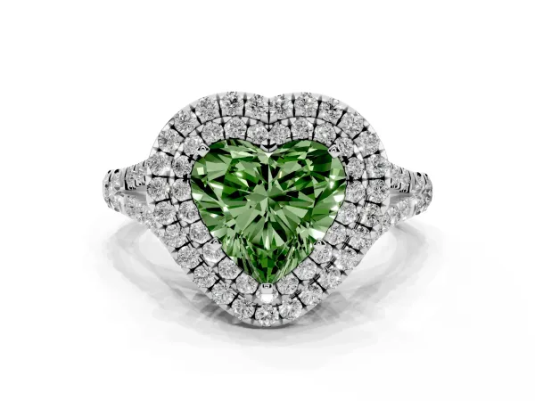 Fancy Green Heart Cut Cut Double Halo Split Shank Diamond Ring with Prong Setting Platinum