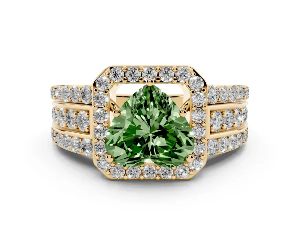 Fancy Green Heart Cut Halo Diamond Ring with Round Split Shank and Prong Setting Yellow gold