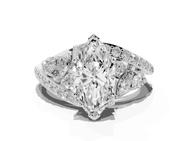 Marquise Cut Diamond Halo Ring with Marquise and Pavé Band in Prong Setting Platinum