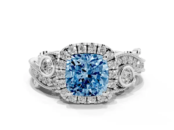 Fancy Blue Cushion Cut Diamond Halo Ring with Milgrain Pavé Band and Four-Prong Setting Platinum