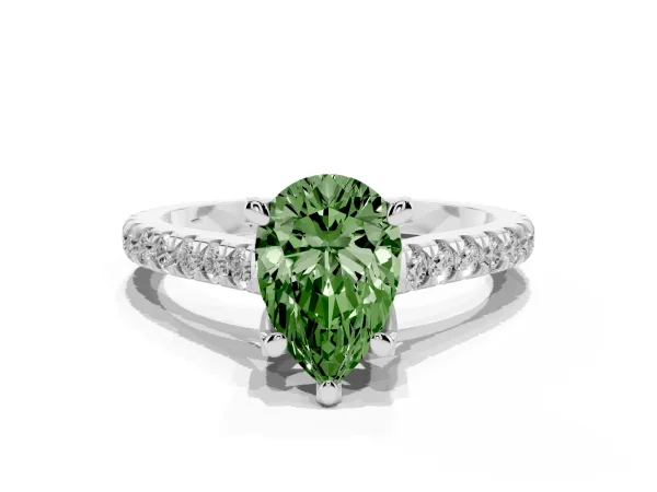 Fancy Green Pear Cut Brilliant Diamond Solitaire with Pavé Band and Four-Prong Setting Platinum