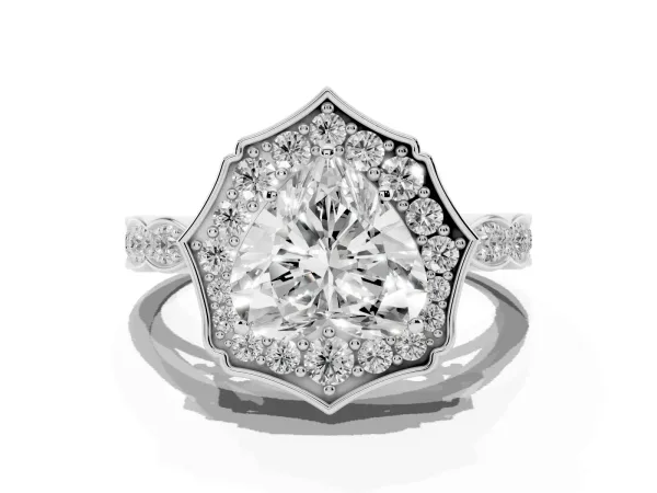 Heart Cut Halo Diamond Engagement Ring with Milgrain Band and Four-Prong Setting White gold