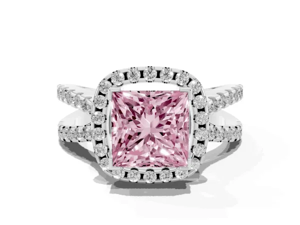 Fancy Pink Princess Cut Diamond Halo Ring with Split Shank Pavé Band and Prong Setting Platinum