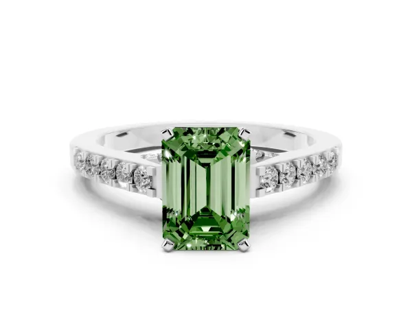 Fancy Green Emerald Cut Diamond Solitaire Ring with Crossover Gallery and Round Pavé Band Platinum
