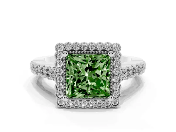 Fancy Green Princess Cut Cut Halo Pavé Solitaire Ring with Milgrain Band Platinum