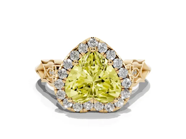 Fancy Yellow Heart Cut Halo Diamond Engagement Ring with Filigree Band and Four-Prong Setting Yellow gold