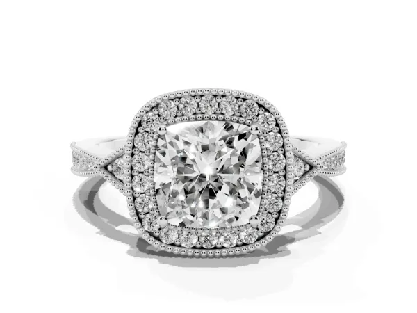 Cushion Cut Halo Round Diamond Milgrain Pave Engagement Ring Platinum