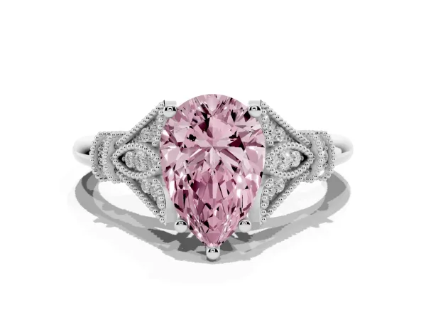 Fancy Pink Pear Cut Diamond Solitaire Ring with Floral Filigree and Pave Accents Platinum