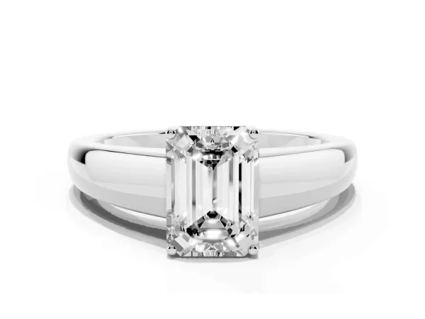 Emerald Cut Solitaire Diamond Ring with Tapered Band and Four-Prong Setting Platinum