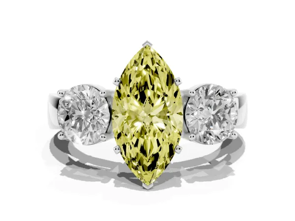 Fancy Yellow Three-Stone Marquise Cut Diamond Ring with Round Side Stones, Classic Band, and Four-Prong Setting Platinum