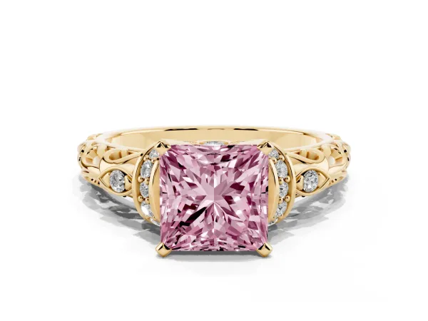 Fancy Pink Princess Cut Diamond Solitaire Ring with Filigree Band and Four-Prong Setting Yellow gold