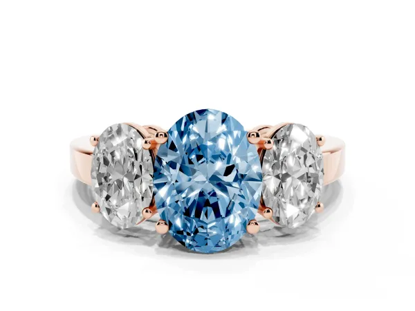 Fancy Blue Three-Stone Oval Cut Cut Diamond Engagement Ring with Flat Band and Four-Prong Setting Rose gold