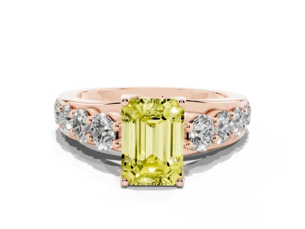 Fancy Yellow Emerald Cut Diamond Engagement Ring with Pavé Band and Four-Prong Setting Rose gold