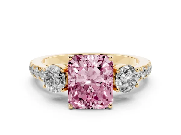 Fancy Pink Radiant Cut Cut Diamond Three-Stone Ring with Round Side Stones and Pavé Band Yellow gold