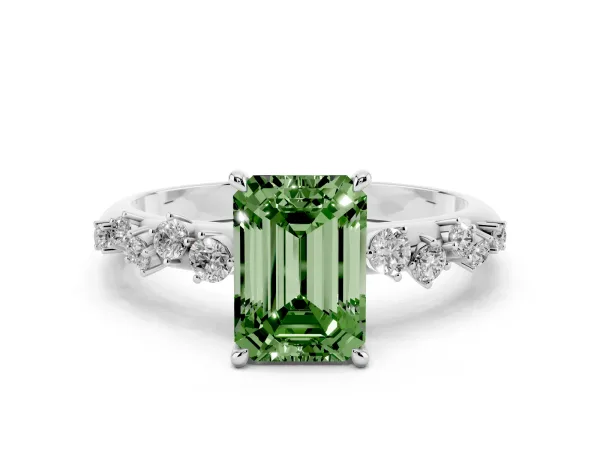 Fancy Green Emerald Cut Diamond Cluster Side Stone Solitaire Ring with Prong Setting White gold