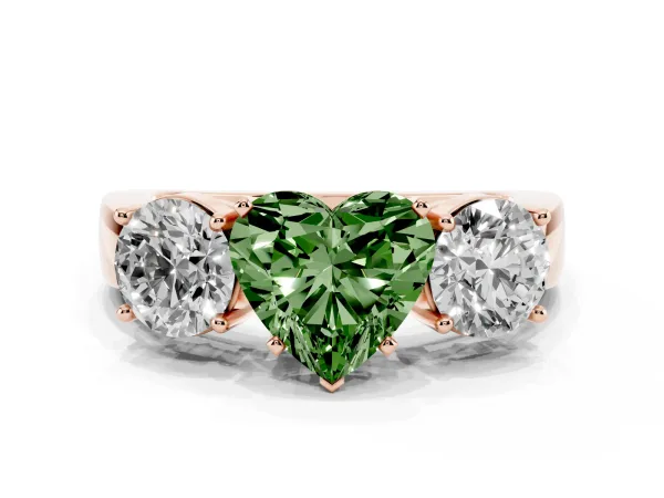 Fancy Green Three-Stone Heart Cut Diamond Ring with Round Side Stones, Classic Band, and Four-Prong Setting Rose gold