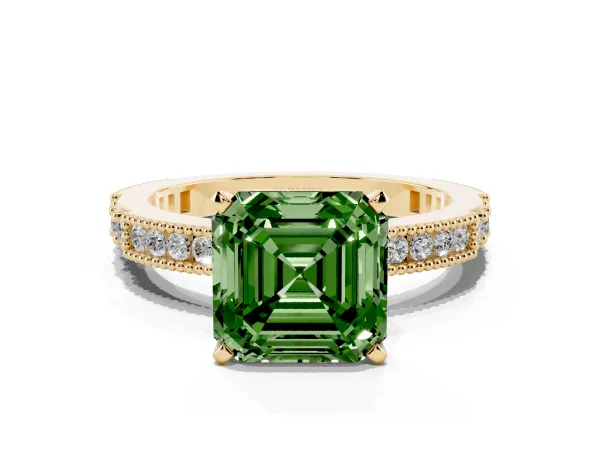 Fancy Green Asscher Cut Solitaire with Pavé Band and Four-Prong Setting Yellow gold