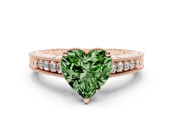 Fancy Green Heart Cut Solitaire Pavé Diamond Milgrain Engagement Ring with Four-Prong Setting Rose gold