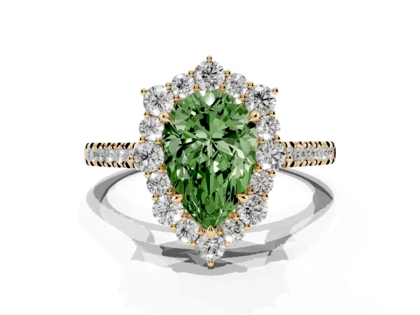 Fancy Green Pear Cut Halo Diamond Ring with Pavé Band and Prong Setting Yellow gold