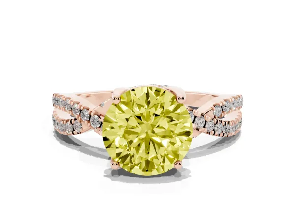 Fancy Yellow Round Cut Solitaire Twist Pave Diamond Engagement Ring with Prong Setting Rose gold