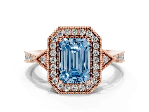 Fancy Blue Emerald Cut Halo Round Diamond Milgrain Pave Engagement Ring Rose gold
