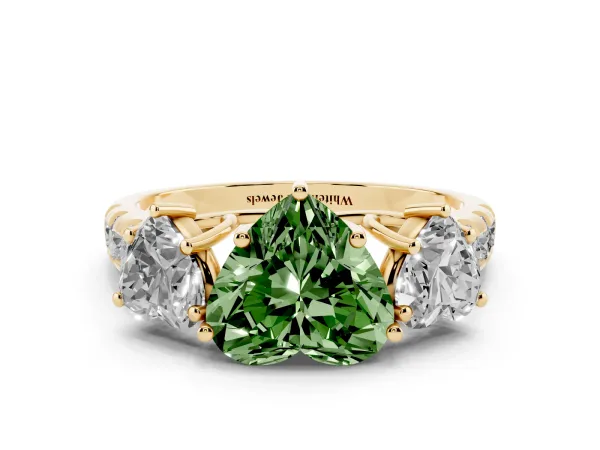Fancy Green Three-Stone Heart Cut Diamond Pavé Band with Prong Setting Yellow gold