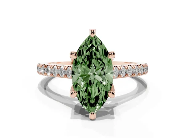 Fancy Green Marquise Cut Brilliant Diamond Solitaire with Pavé Band and Four-Prong Setting Rose gold