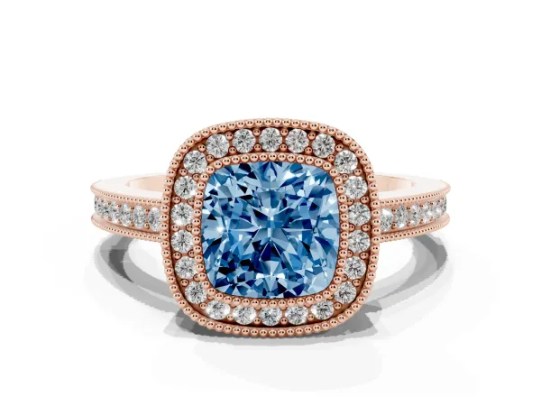 Fancy Blue Cushion Cut Cut Halo Diamond Ring with Pavé Band and Milgrain Prong Setting Rose gold