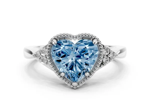 Fancy Blue Milgrain Heart Cut Cut Diamond Ring with Tapered Pave Band and Four Prong Setting Platinum