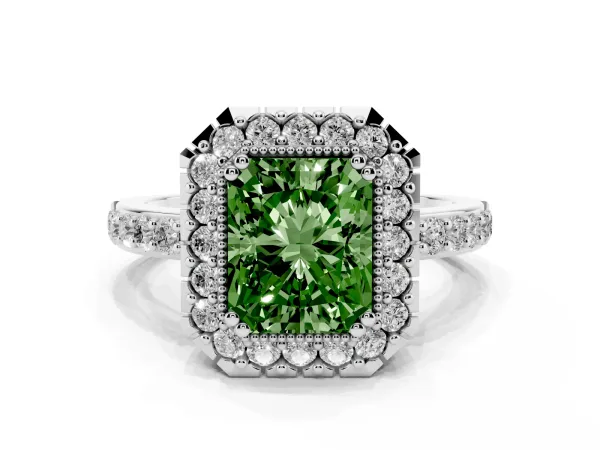 Fancy Green Radiant Cut Diamond Halo Ring with Pavé Band and Prong Setting Platinum