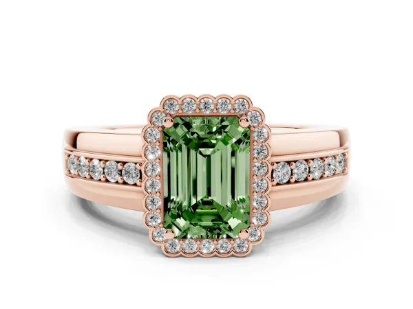 Fancy Green Emerald Cut Cut Halo Pave Band Four-Prong Ring Rose gold
