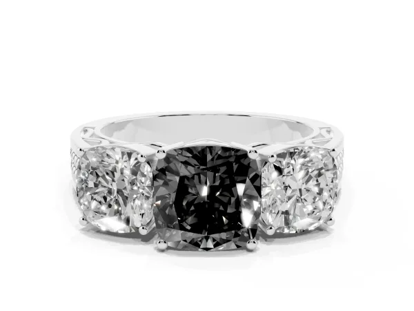 Fancy Black Cushion Cut Diamond Three-Stone Ring with Prong Setting and Textured Band Platinum