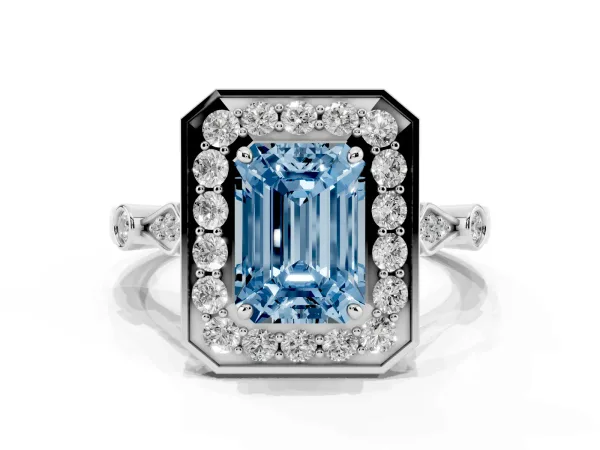 Fancy Blue Emerald Cut Halo Diamond Engagement Ring with Twisted Band and Four-Prong Setting White gold