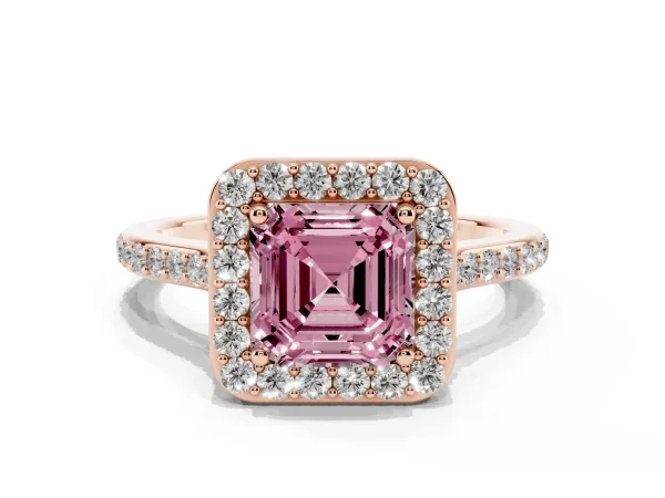 Fancy Pink Asscher Cut Diamond Halo Engagement Ring with Round Pavé Shoulders and Prong Setting Rose gold