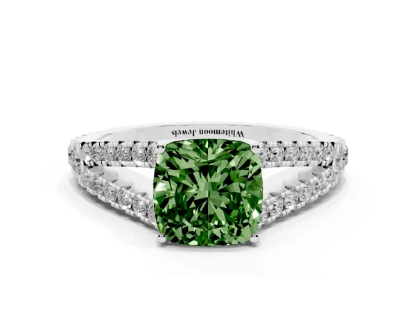 Fancy Green Cushion Cut Diamond Split Shank Engagement Ring with Round Pavé and Prong Setting White gold