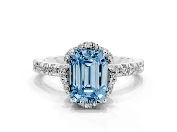 Fancy Blue Emerald Cut Diamond Halo Pave Band with Four-Prong Setting White gold