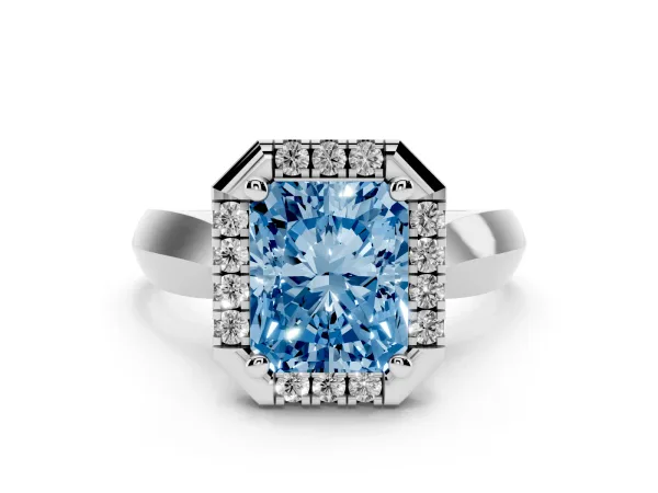 Fancy Blue Radiant Cut Cut Halo Solitaire Engagement Ring with Square Band and Four-Prong Setting White gold