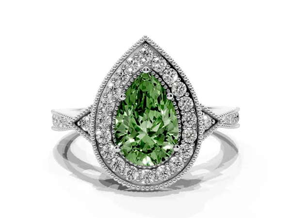 Fancy Green Pear Cut Halo Round Diamond Milgrain Pave Engagement Ring Platinum