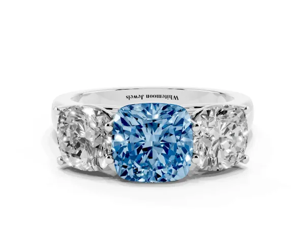 Fancy Blue Cushion Cut Three-Stone Diamond Ring with Prong Setting on a Classic Band Platinum