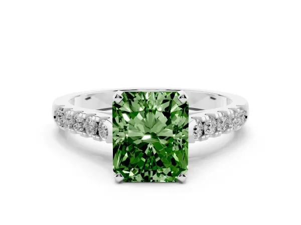 Fancy Green Radiant Cut Diamond Pavé Band Solitaire Ring with Prong Setting White gold