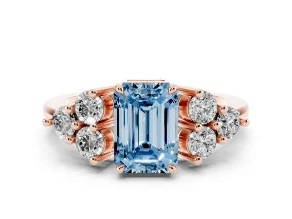 Fancy Blue Emerald Cut Brilliant Diamond Cluster Accent Solitaire Ring with Prong Setting Rose gold